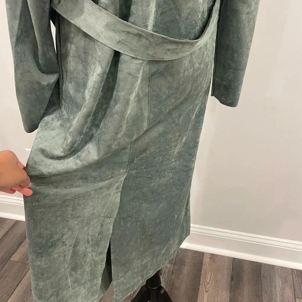 Anthropologie Blank NYC Green Faux Suede Plush Belted Trench Coat Jacket Sz XS - Picture 10 of 14